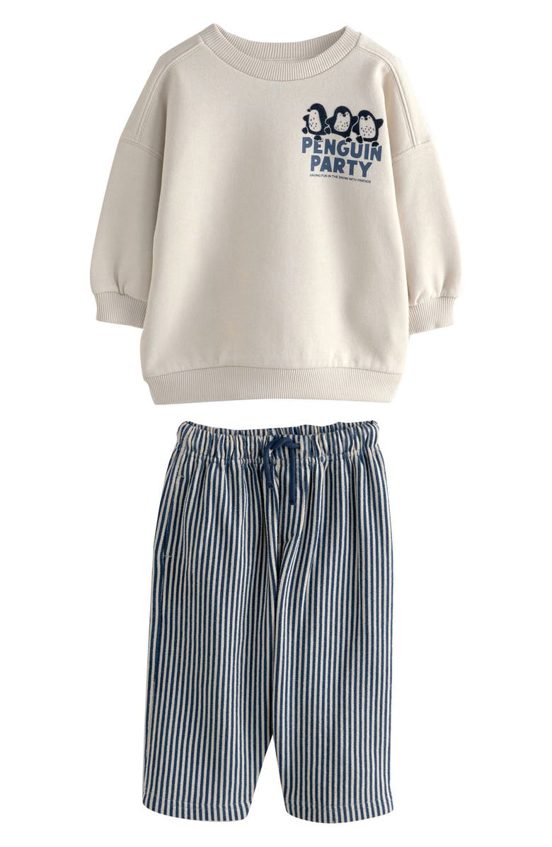 NEXT Kids' Penguin Party Graphic Sweatshirt & Striped Pants Set, Main, color, Ivory/Blue