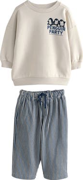 NEXT Kids' Penguin Party Graphic Sweatshirt & Striped Pants Set