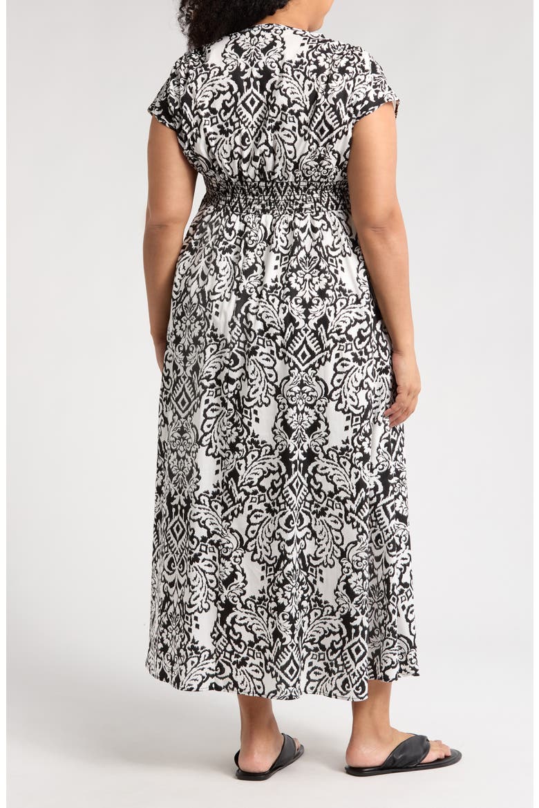 Short Sleeve Smocked Cotton Blend Maxi Dress, Alternate, color, BLACK/ WHITE