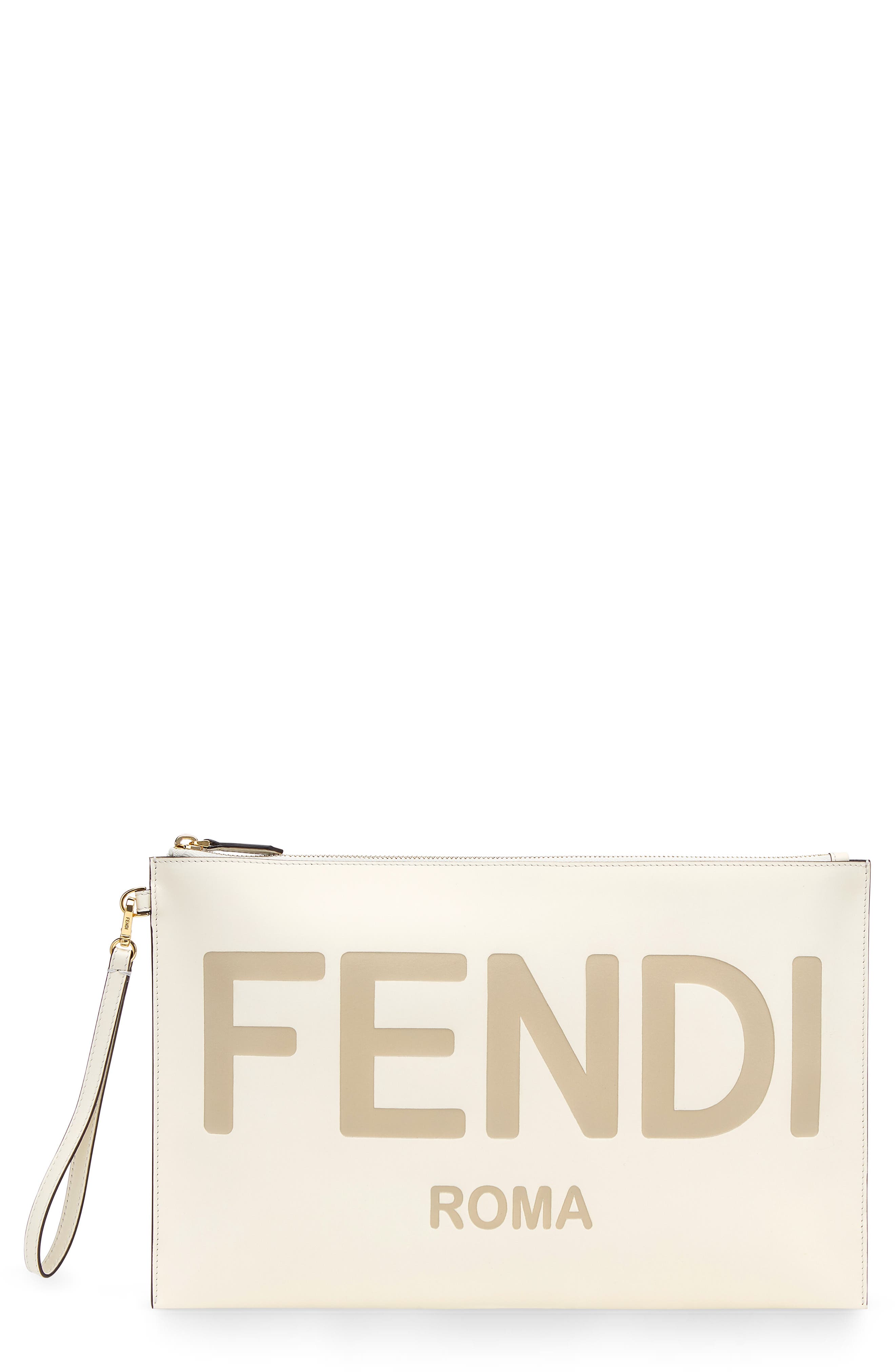 Fendi Logo Zip Leather Wristlet, Main, color, 