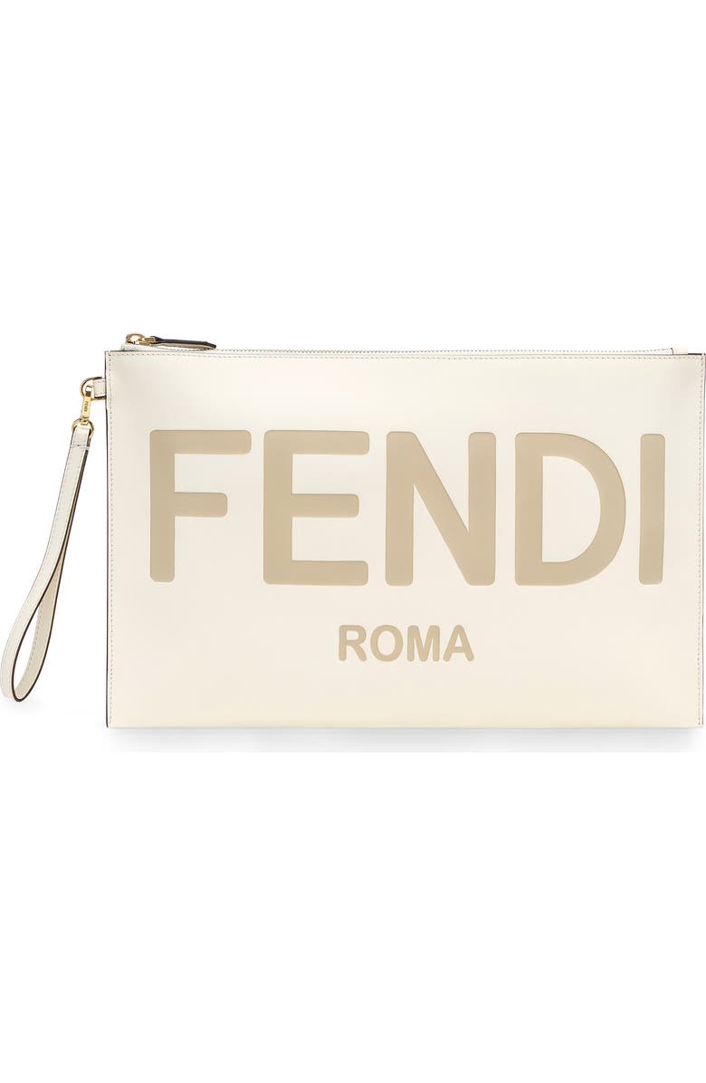 Fendi Logo Zip Leather Wristlet, Main, color,