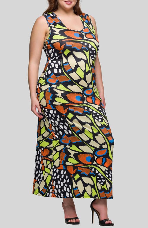 24seven Comfort Apparel Print Plus Size Razorback Tank Casual Maxi Dress In Yellow Multi