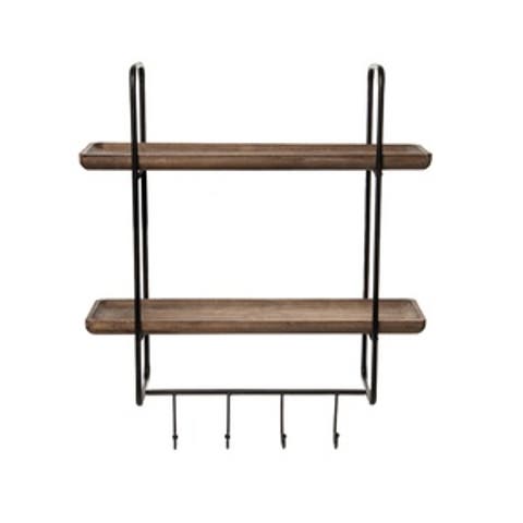 Wall Shelf with Hooks, Metal/Wood Shelf for Rustic Decor, Wall Placement, Living Room, Black, Ideal for Organizing and Displaying