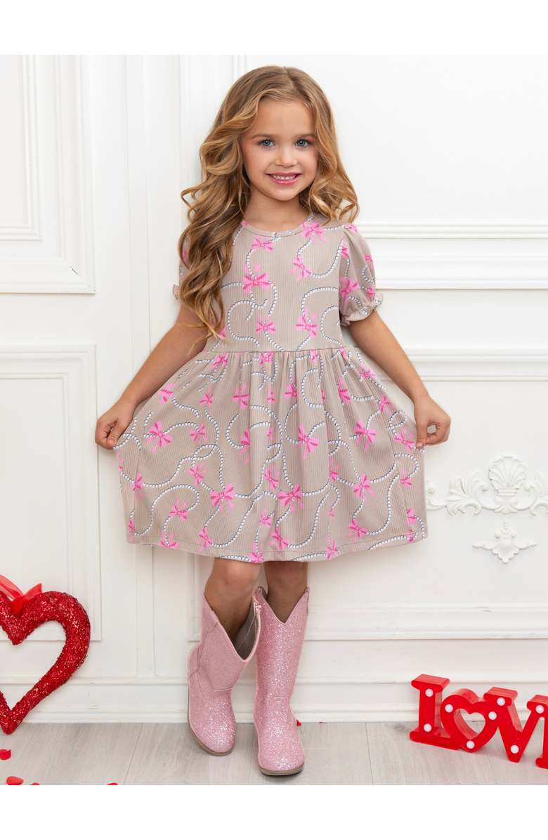 Mia Belle Girls Bow Charm Puff Sleeve Dress, Alternate, color, Beige