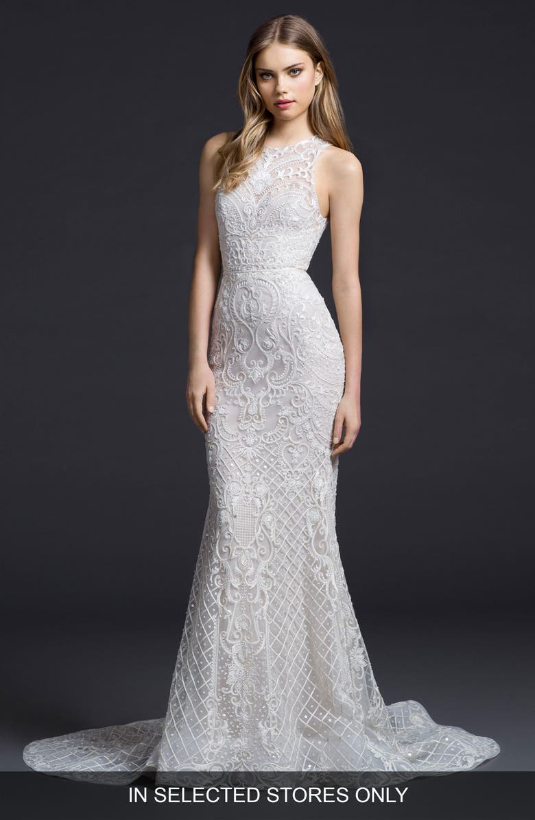Lazaro Embroidered Chiffon Trumpet Gown, Main, color,