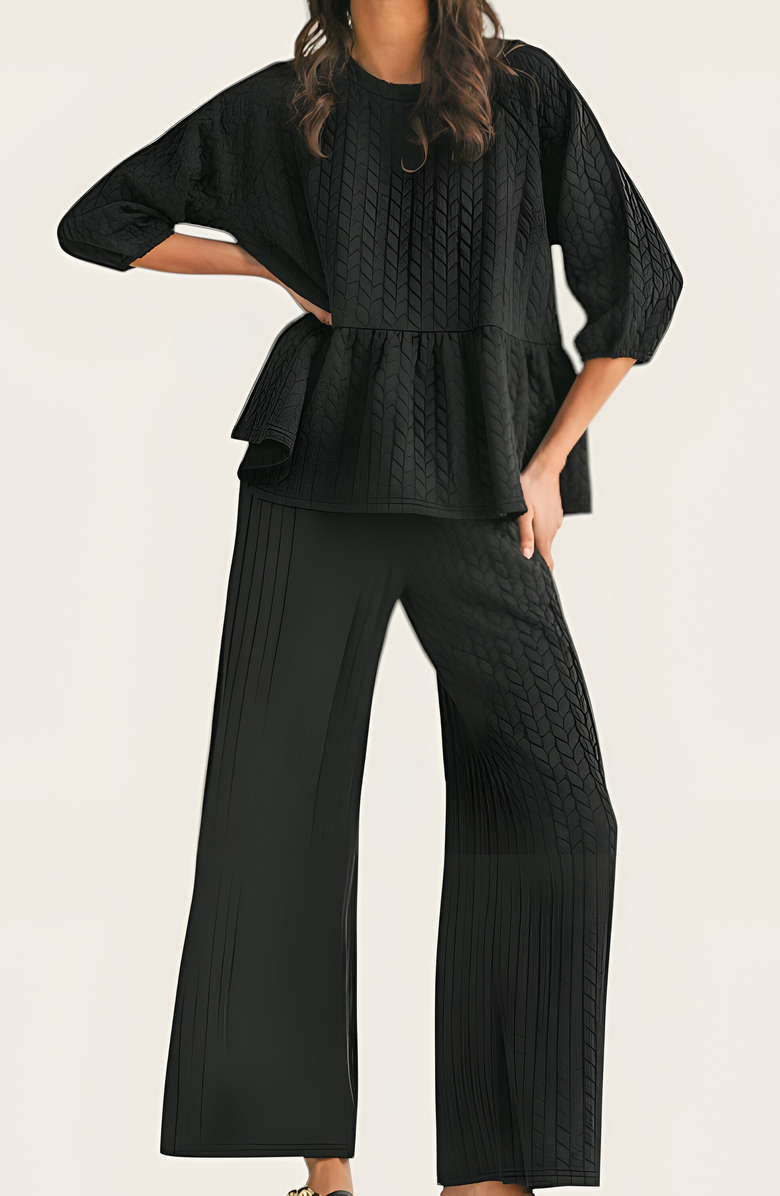 Modenaire Textured Peplum Top and Wide-Leg Pant Set with Relaxed Silhouette, Alternate, color, 