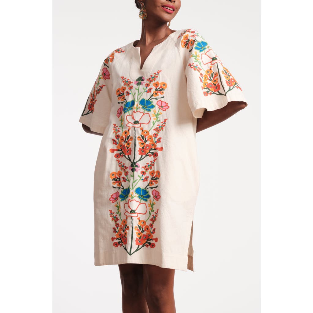 Frances Valentine Charming Mini Caftan Dress In Botanical Bash Embroidery Oyster