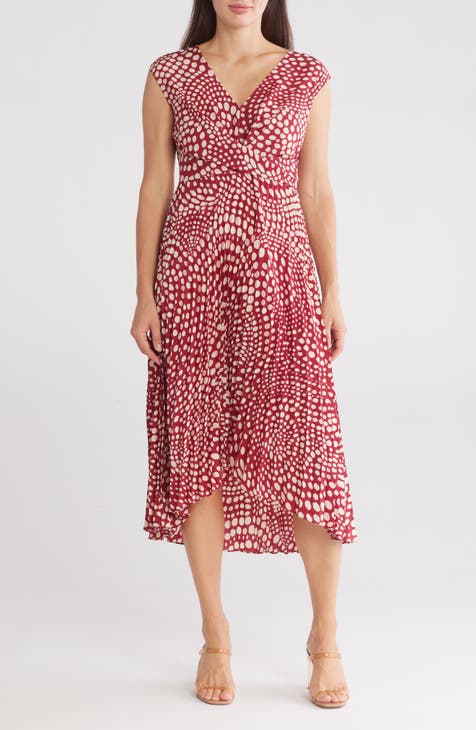 Dot Twist Front Pleated Midi Dress