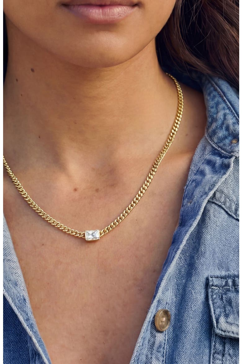 Small Bezel Station  Curb Chain Necklace, Alternate, color, Gold-Small