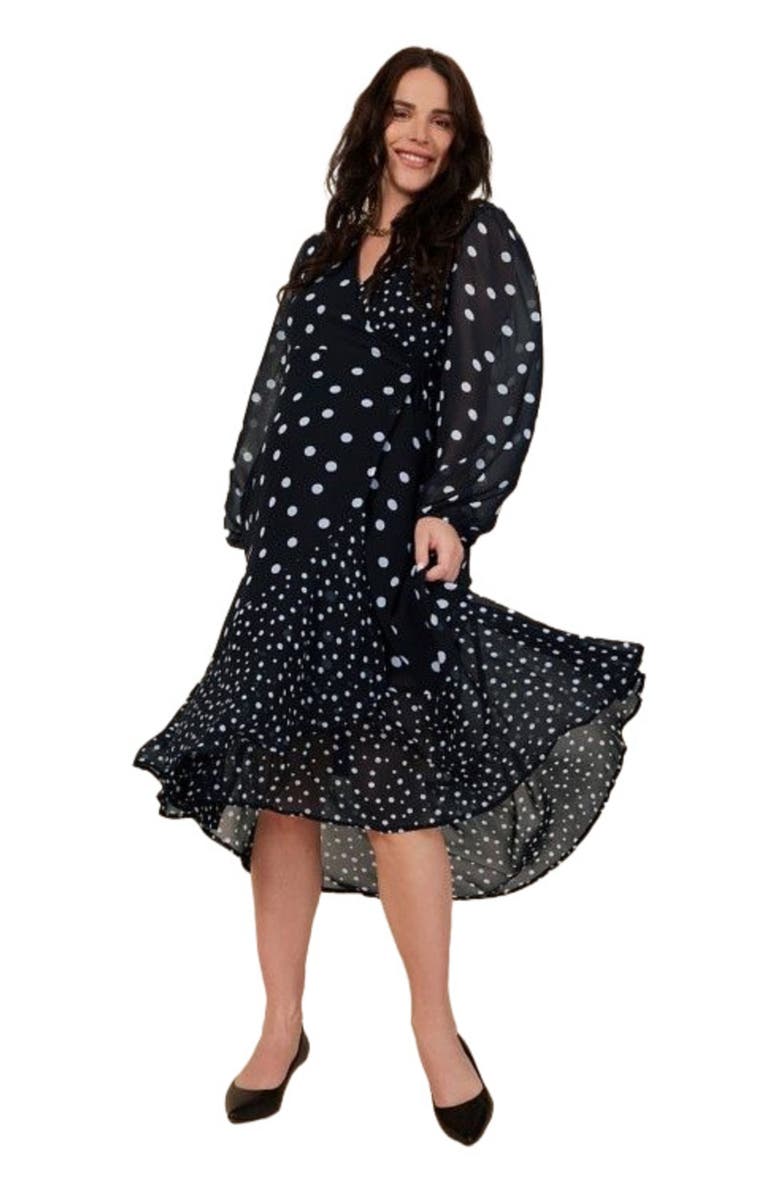 MOTHERHOOD MATERNITY Puff Sleeve Ruffle Midi Maternity Dress, Alternate, color, Mixed Dot