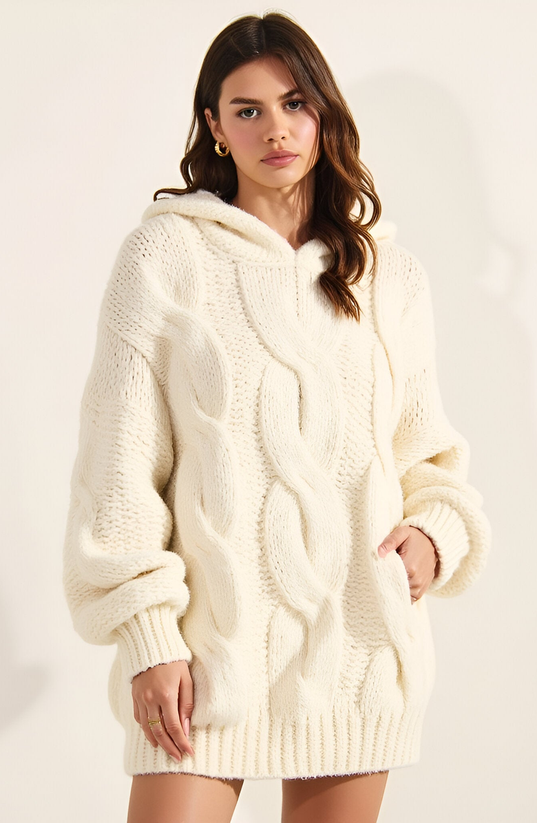 Modenaire Cable-Knit Hoodie with Pockets, Alternate, color, Cream