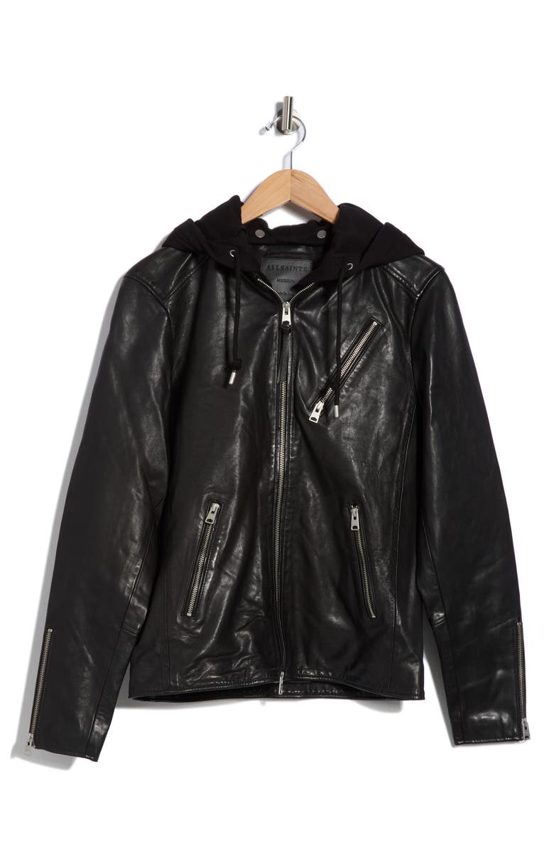 AllSaints Harwood Hooded Leather Jacket, Alternate, color, Black