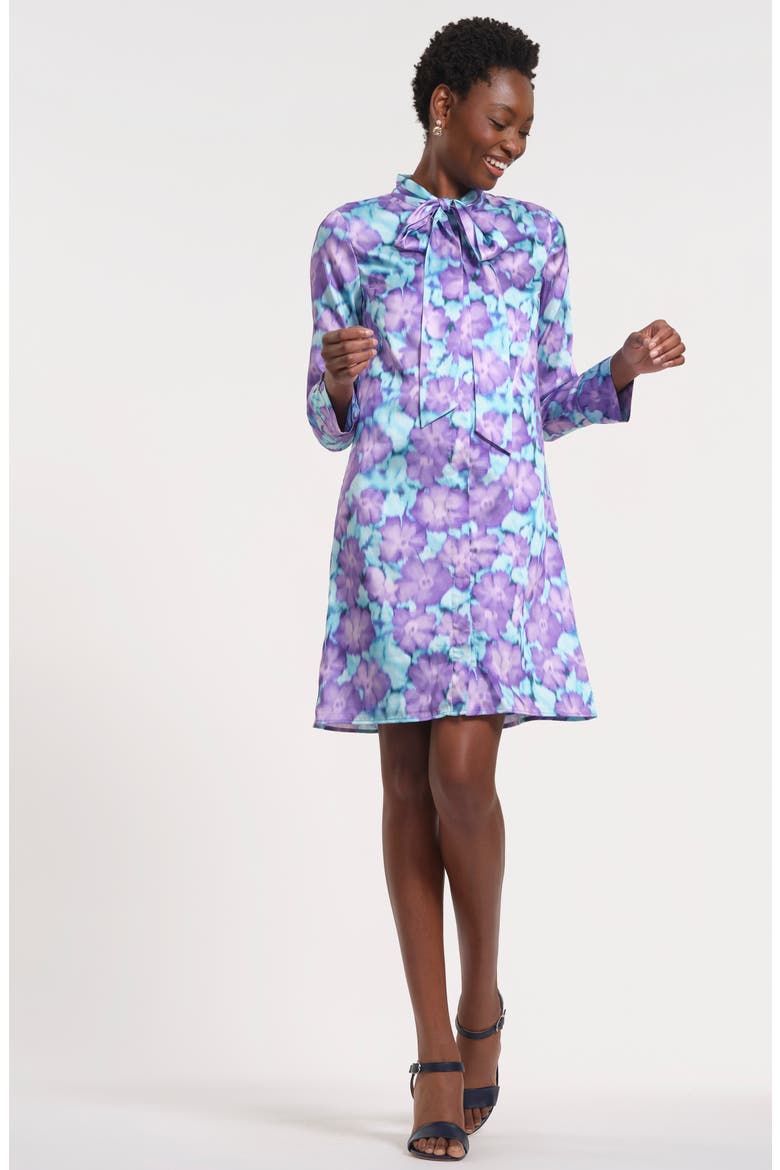 Tie Neck Long Sleeve Minidress, Alternate, color, BLUE/ LILAC