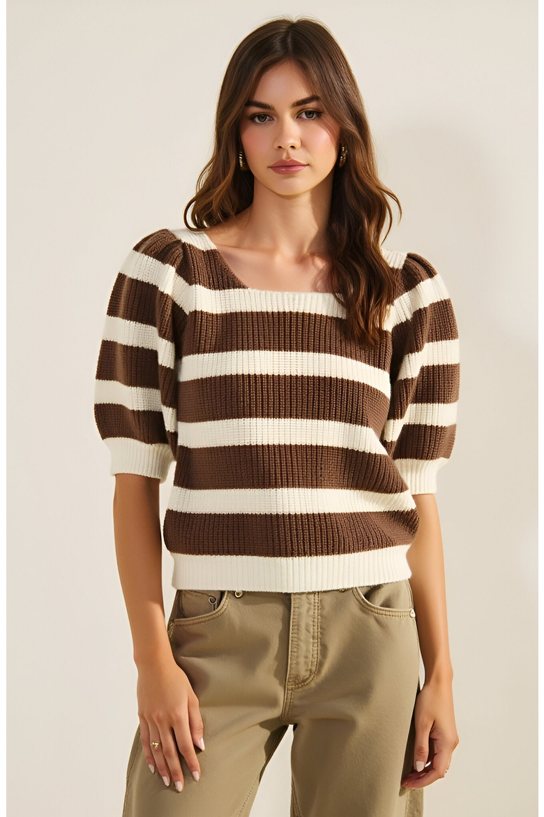 Striped Short Sleeve Sweater with Puff Shoulders and Square Neckline, Main, color, Brown / Off White Stripe