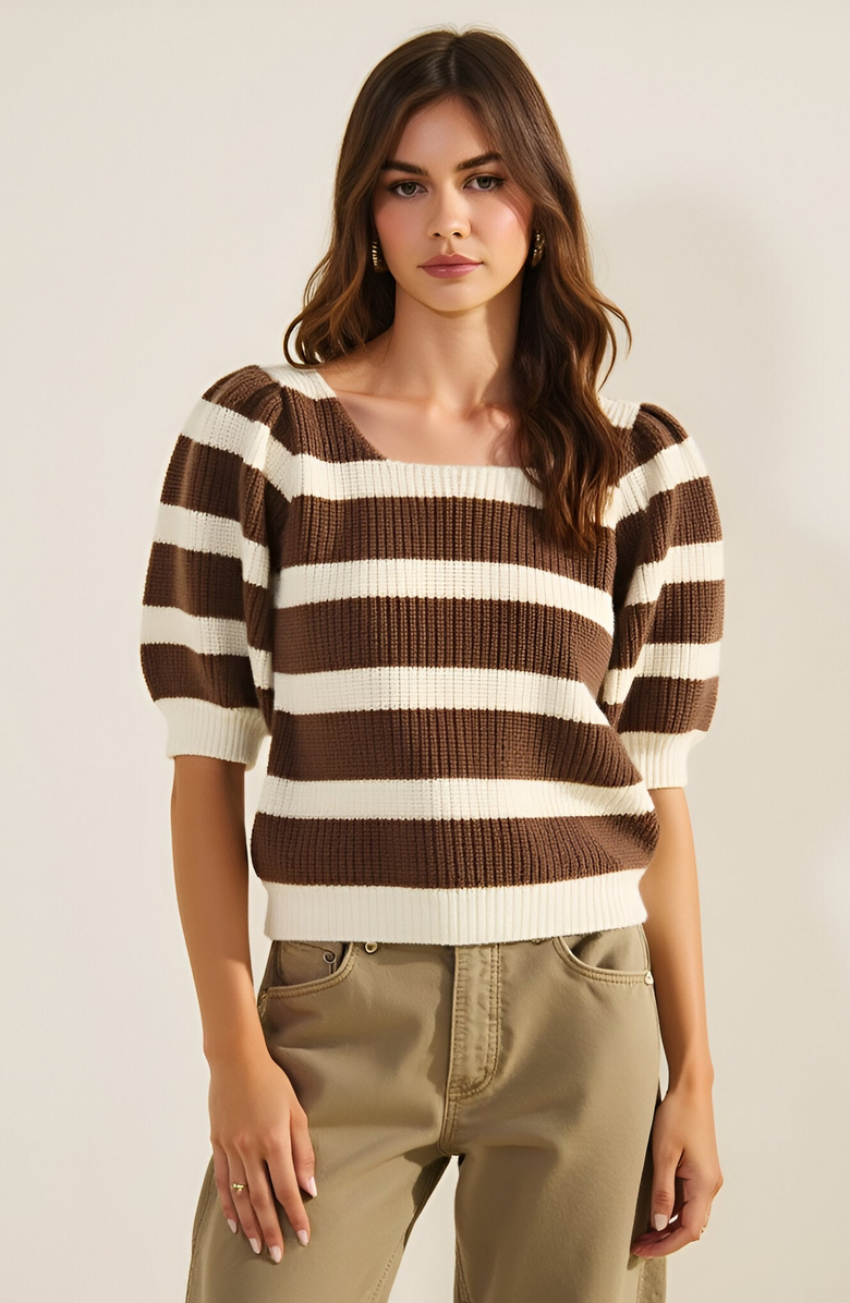 Modenaire Striped Short Sleeve Sweater with Puff Shoulders and Square Neckline, Main, color, Brown / Off White Stripe