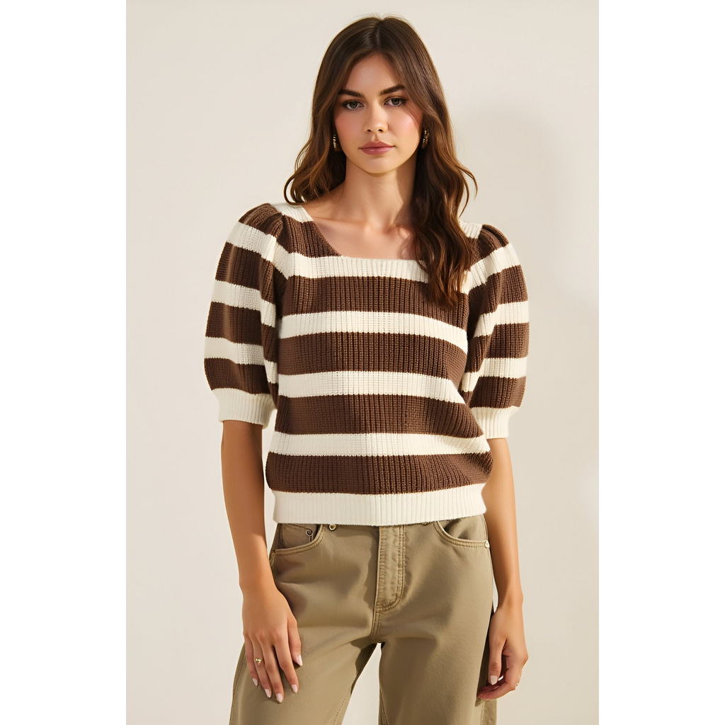 Modenaire Striped Short Sleeve Sweater With Puff Shoulders And Square Neckline In Brown