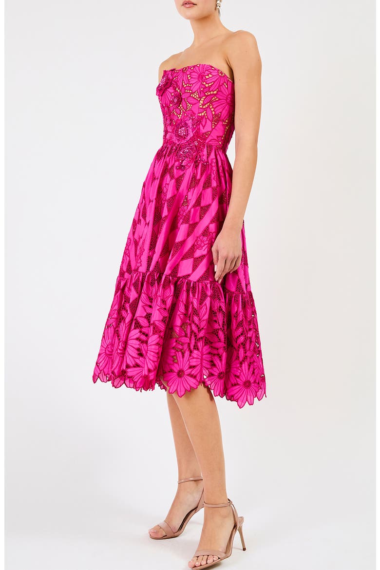 Candace Floral Cutwork Detail Strapless Cocktail Dress, Alternate, color, FUCHSIA