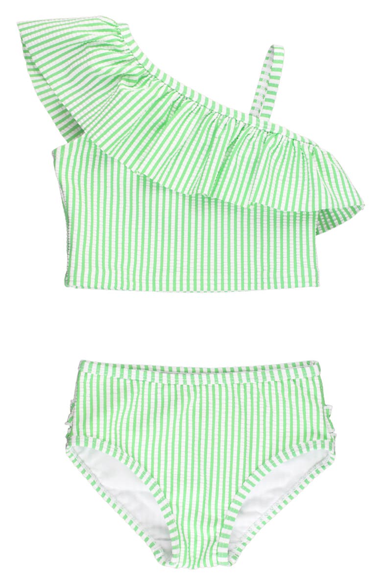 RuffleButts Spring Seersucker Two-Piece Swimsuit, Main, color, Green