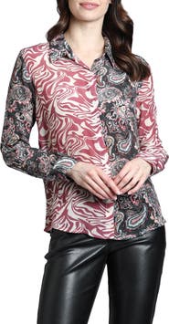 APNY Abstract Print Roll Tab Sleeve Chiffon Button-Up Shirt