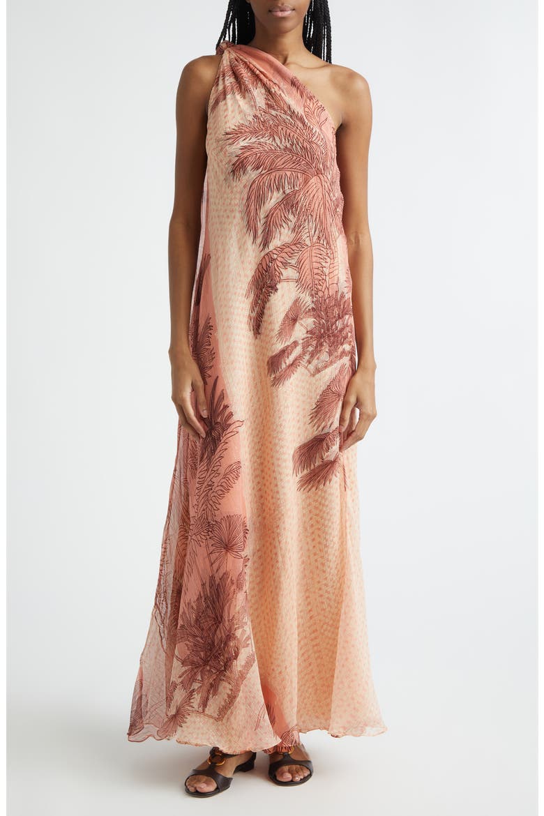 Freedom Palm Print Metallic Silk Crêpe de Chine Maxi Dress, Main, color, ECRU / PEACH
