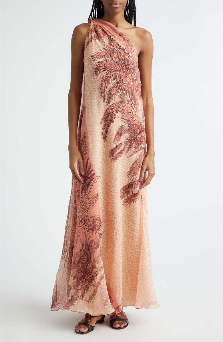 Johanna Ortiz Freedom Palm Print Metallic Silk Crêpe de Chine Maxi Dress, Main, color, Ecru / Peach
