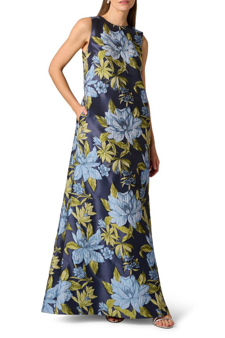 Floral Jacquard Trapeze Gown, Main, color, BLUE MULTI