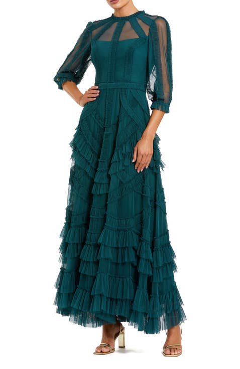 3/4 Puff Sleeve Mesh Mirco Ruffle Gown