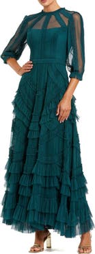 Mac Duggal 3/4 Puff Sleeve Mesh Mirco Ruffle Gown