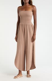 Elan Strapless Smocked Bodice Cotton Gauze Cover-Up Jumpsuit