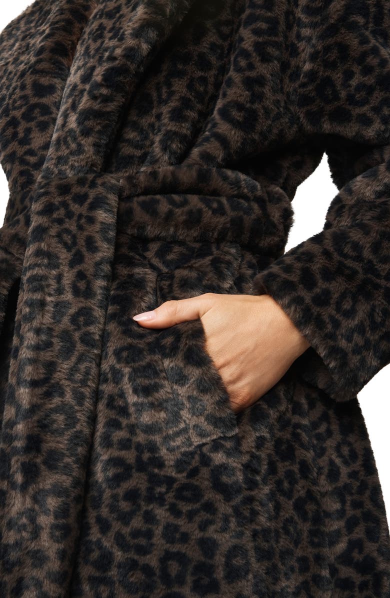 Splendid Lucia Tie Waist Long Faux Fur Coat, Alternate, color, Brown Leopard Print