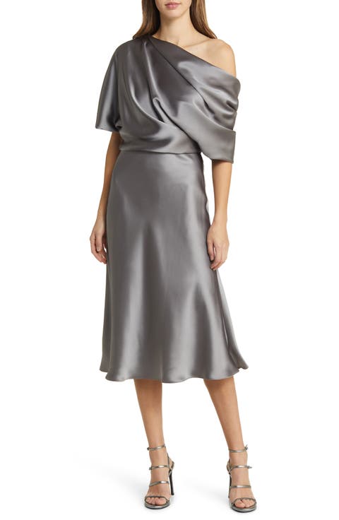 One-Shoulder Fluid Satin Cocktail Midi Dress