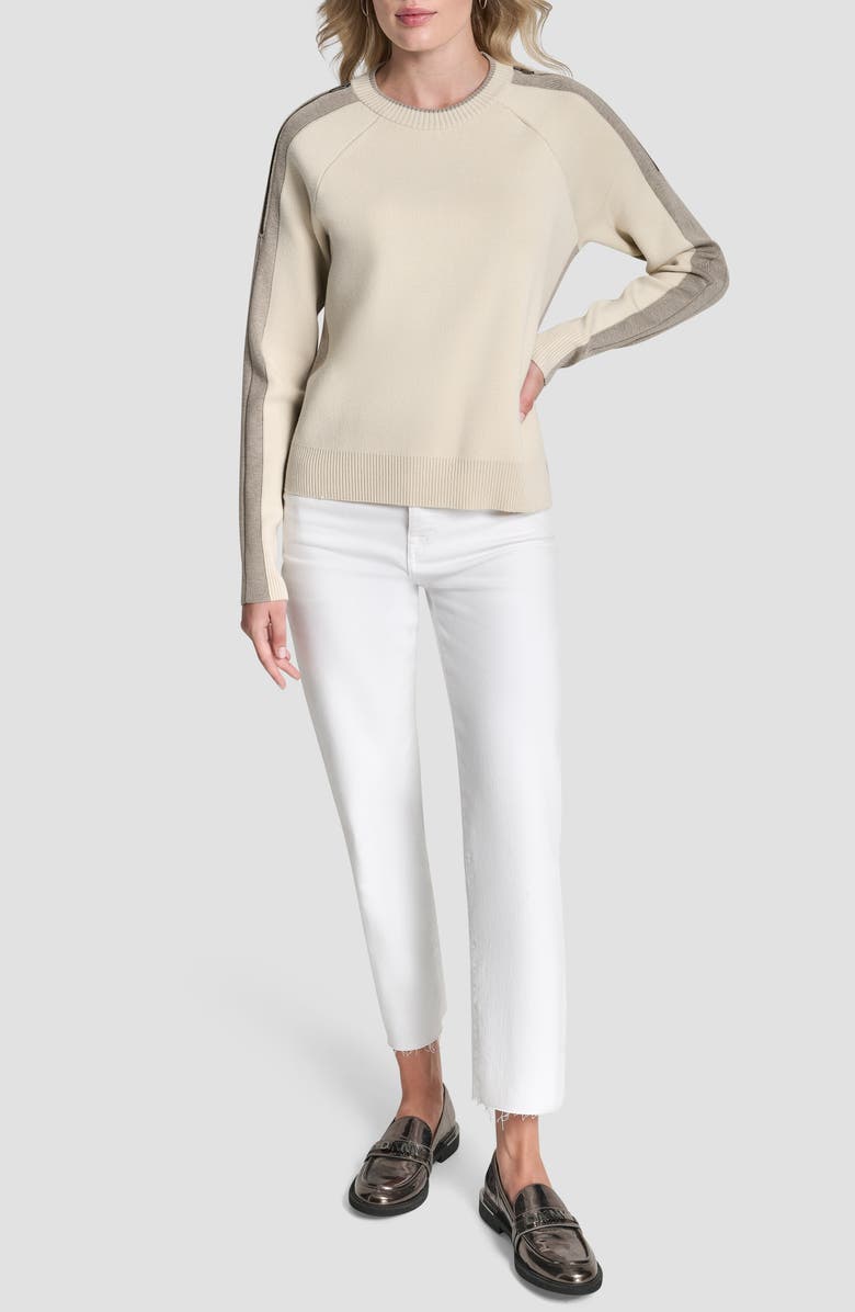 DKNY Contrast Crewneck Sweater, Alternate, color, Ecru/Tan Heather