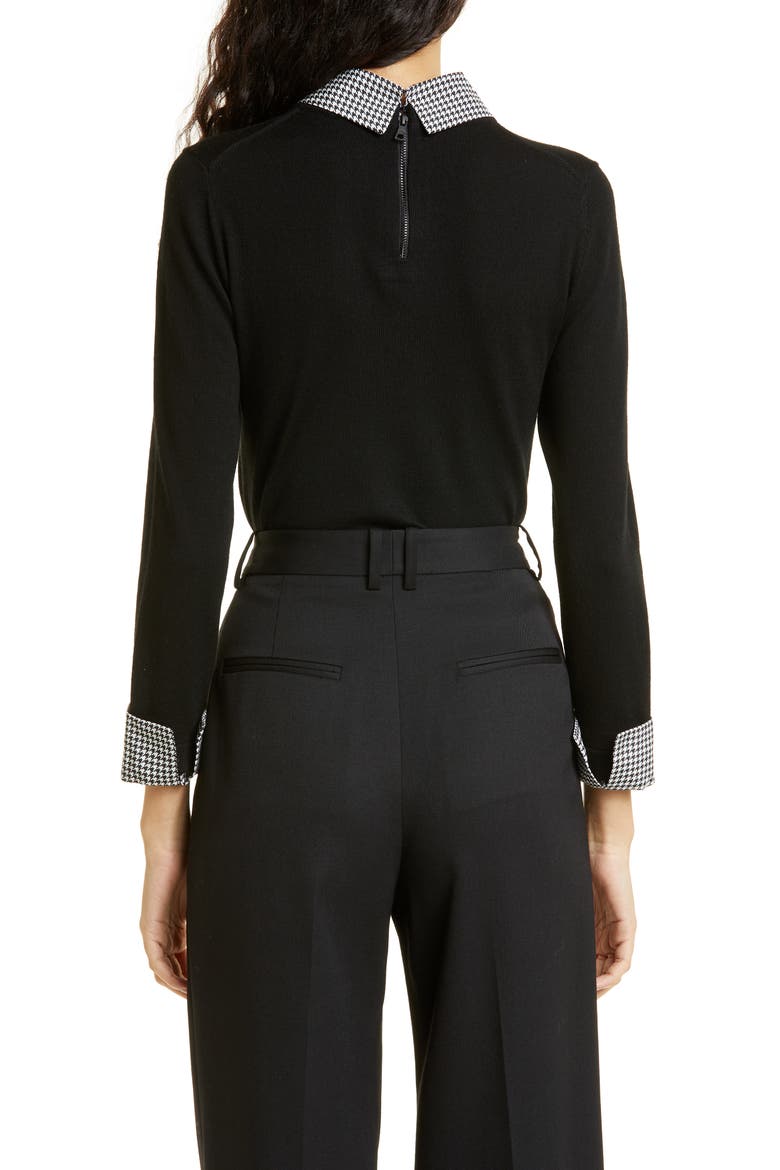Houndstooth Trim Stretch Wool Sweater, Alternate, color, BLACK