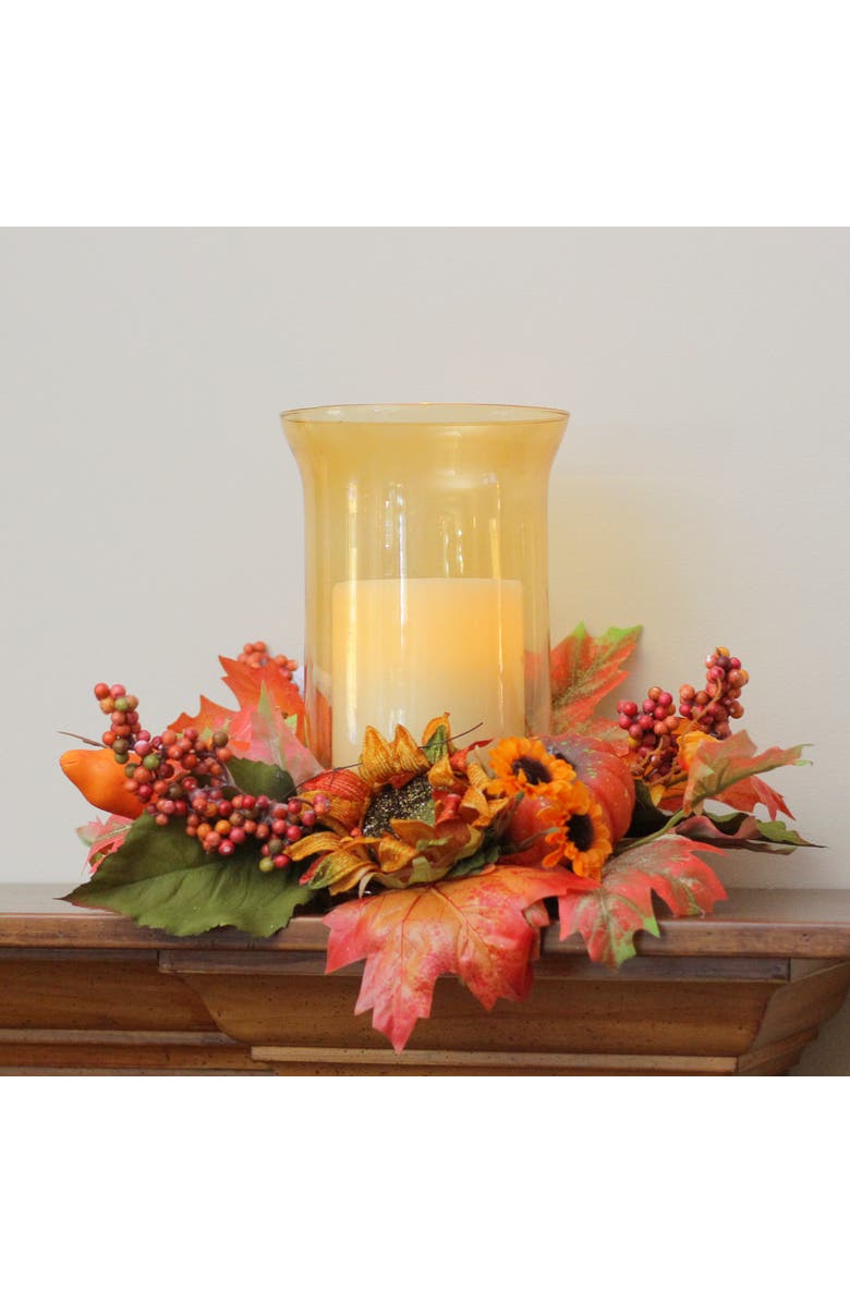 Northlight 16" Artificial Orange Fall Flowers and Pumpkins Pillar Candle Holder, Alternate, color, 