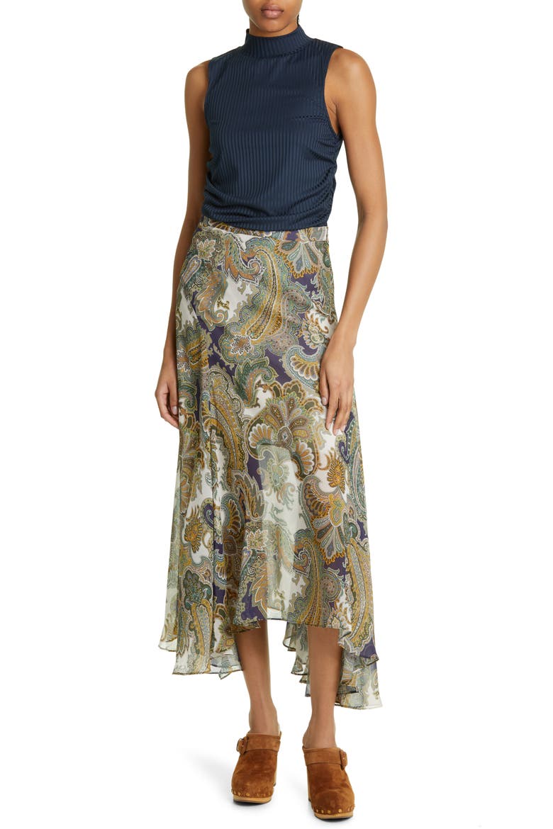 Karima Paisley Asymmetric Silk Midi Skirt, Alternate, color, ARMY MULTI