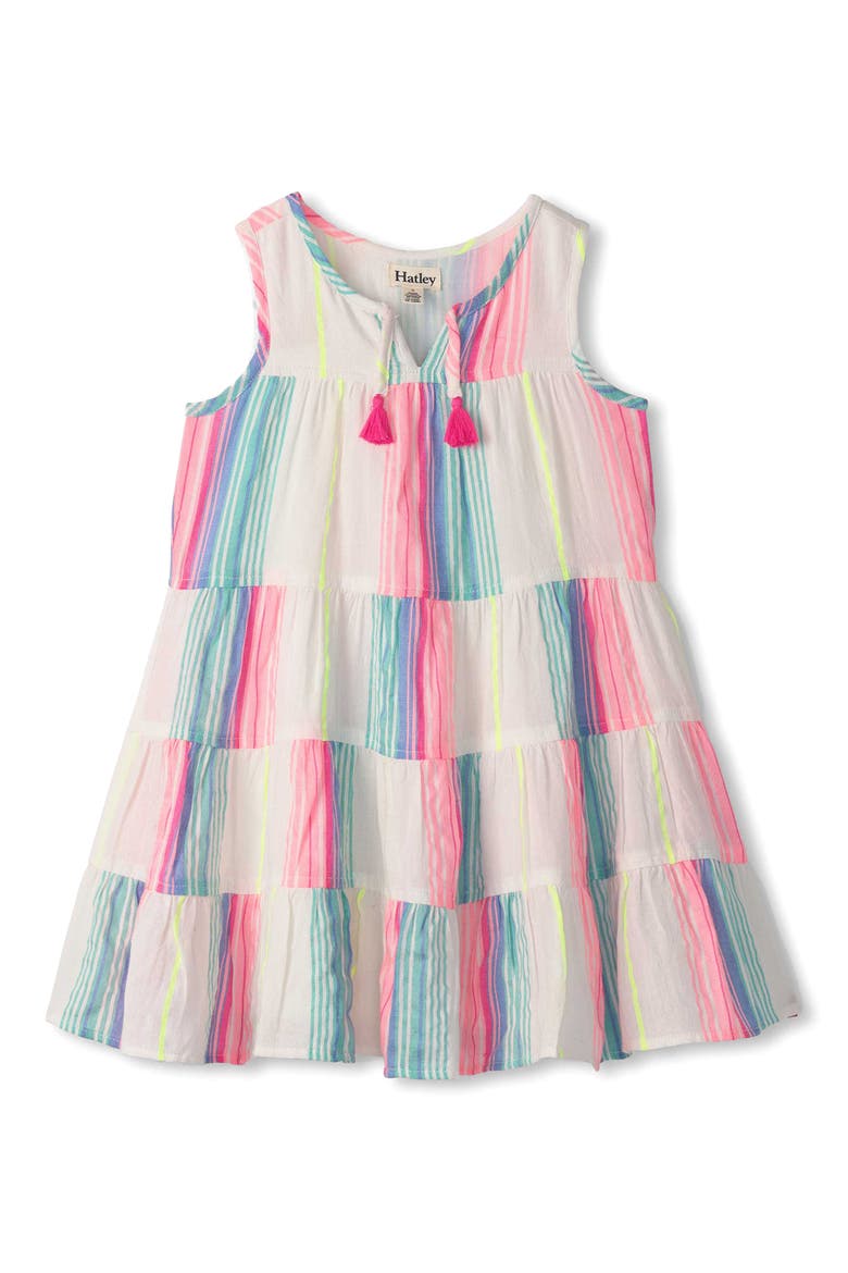 Kids' Neon Stripes Sleeveless Tiered Dress, Main, color, WHITE