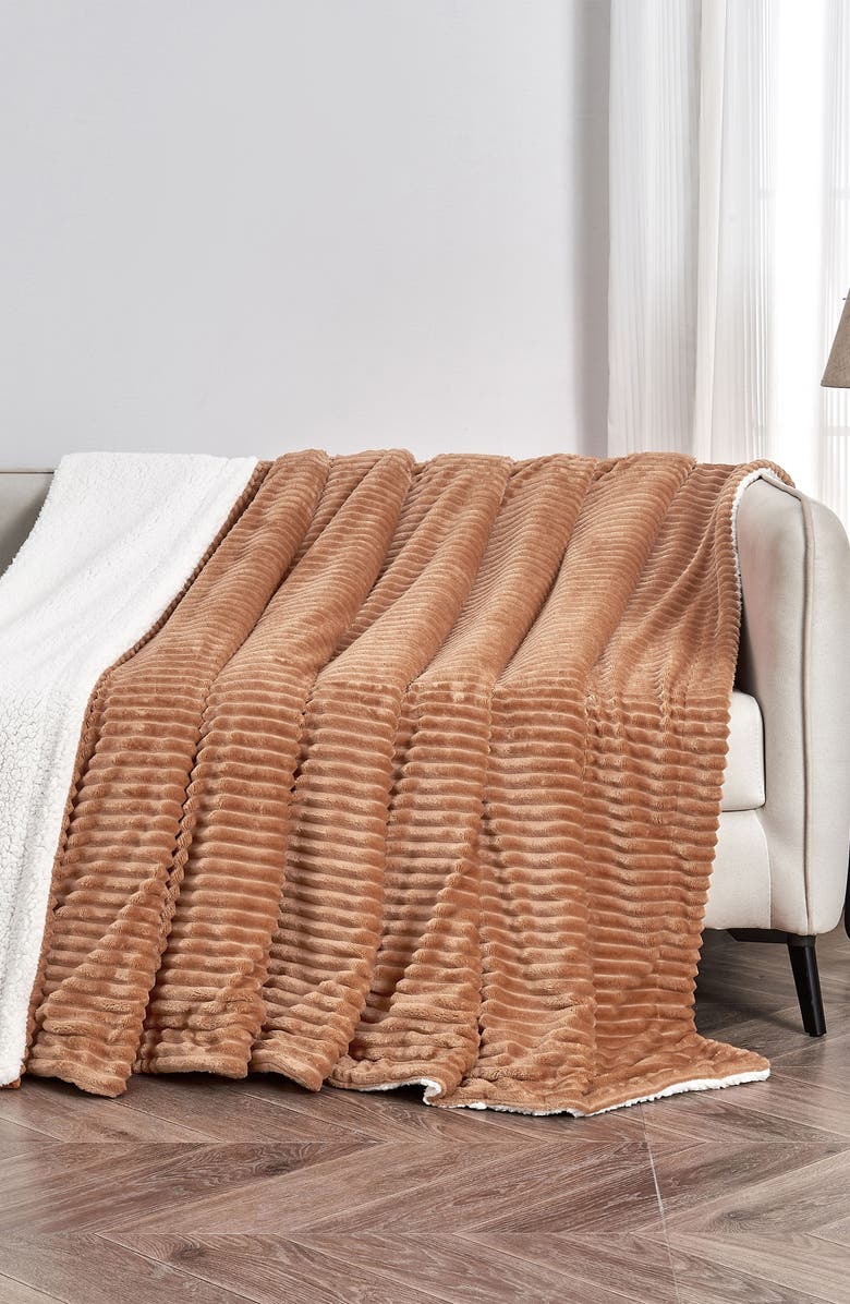 Woven & Weft Ribbed Faux Shearling Reversible Blanket, Alternate, color, Toffee
