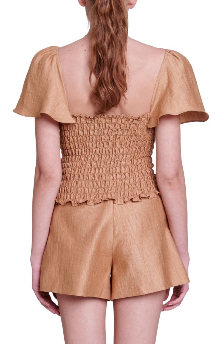 maje Lostan Smocked Ruffle Linen Blend Top, Alternate, color, 