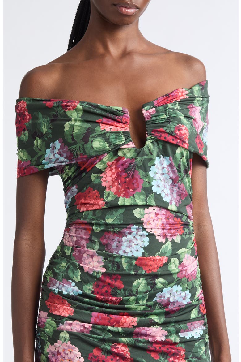 Off the Shoulder Ruched Jersey Dress, Alternate, color, RACING GREEN MULTI