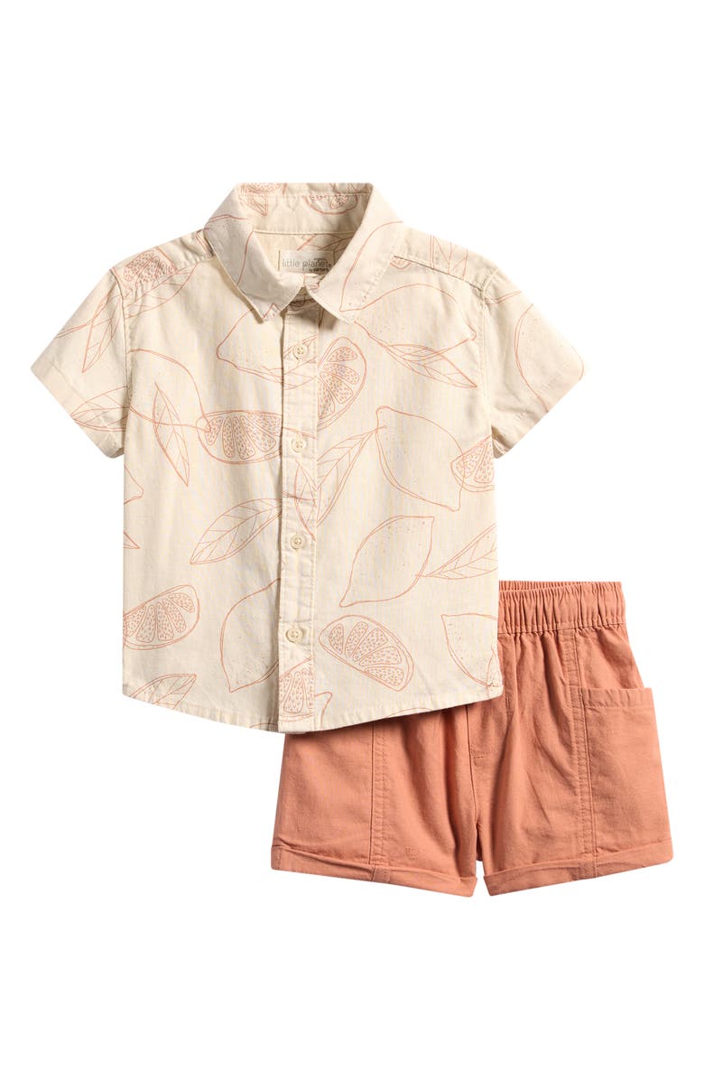Little Planet Short Sleeve Button-Up Shirt & Shorts Set, Main, color, Citrus