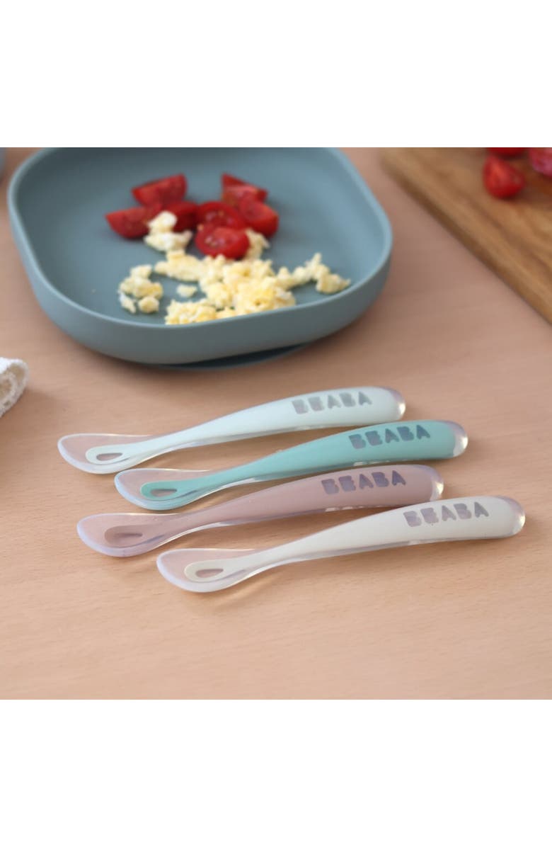 BEABA Set of 4 Self-Feeding Silicone Spoons, Alternate, color, Green/ Natural Multi