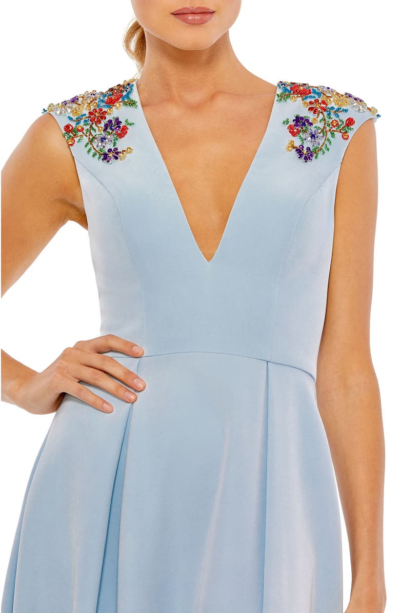 Mac Duggal Beaded Cap Sleeve V Neck A Line Gown, Alternate, color, French Blue