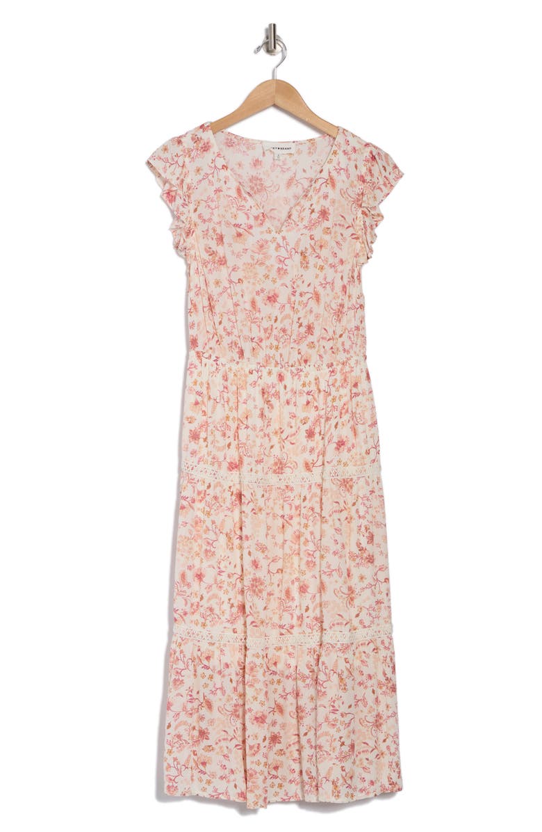 Lucky Brand Ruffle Cap Sleeve Tiered Midi Dress, Alternate, color,