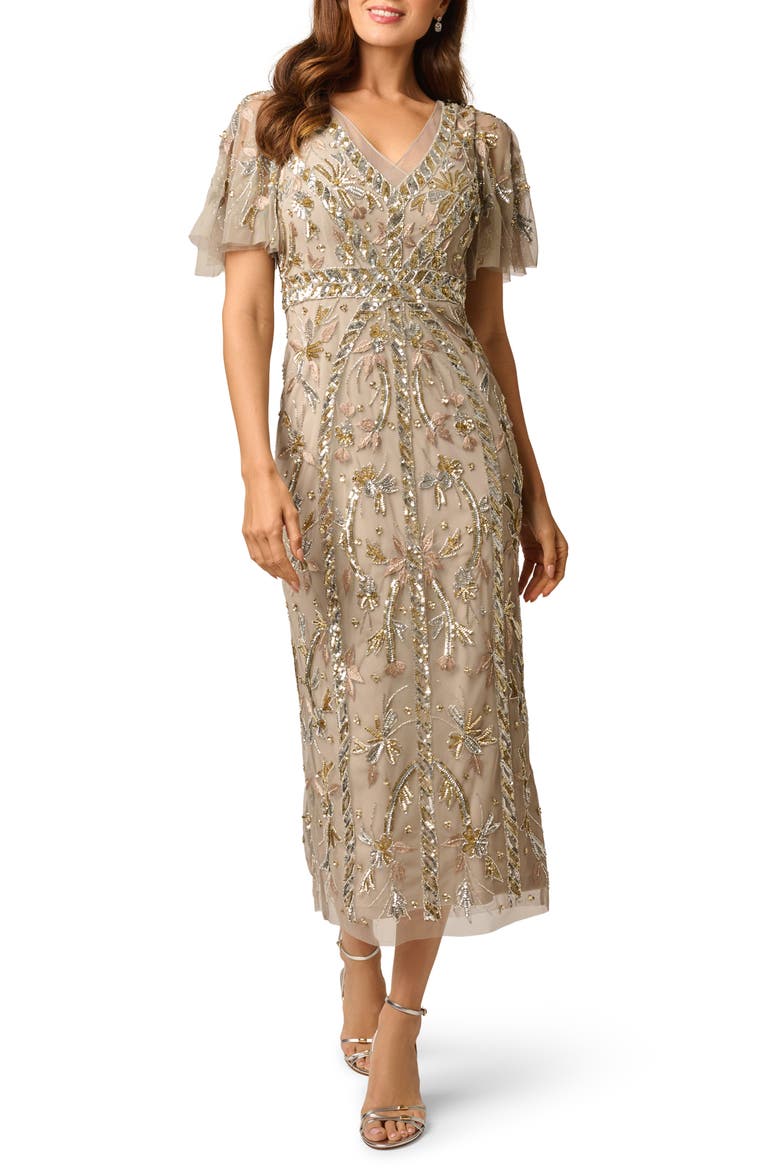Embellished Flutter Sleeve Cocktail Dress, Alternate, color, PLATINUM