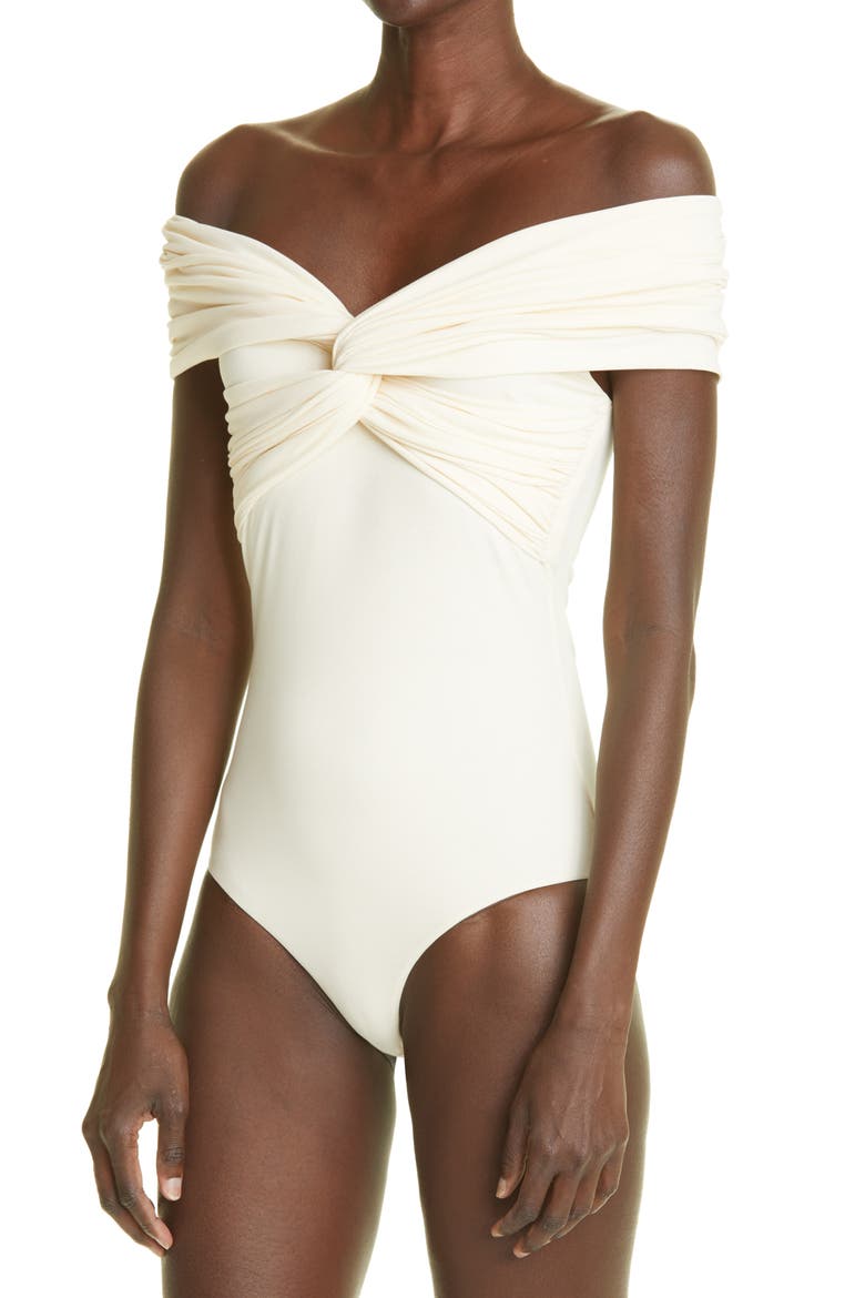 The Cerise Off the Shoulder Stretch Cotton Bodysuit, Alternate, color, CREAM