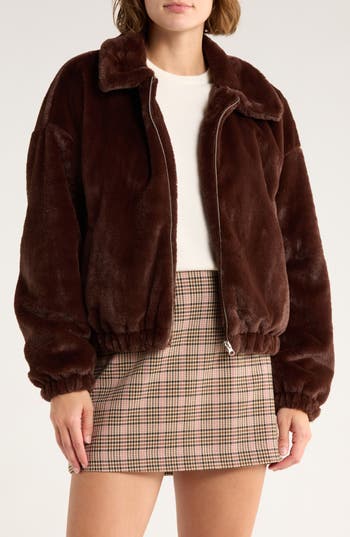 Thread & Supply Faux Fur Zip Bomber Jacket In Brown