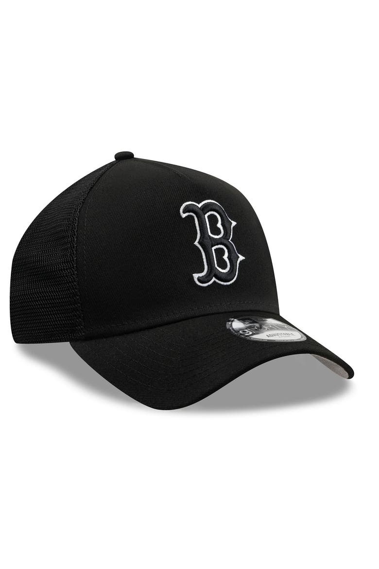 Men's New Era Black Boston Red Sox Side Script 9FORTY A-Frame Trucker Adjustable Hat, Alternate, color, Black