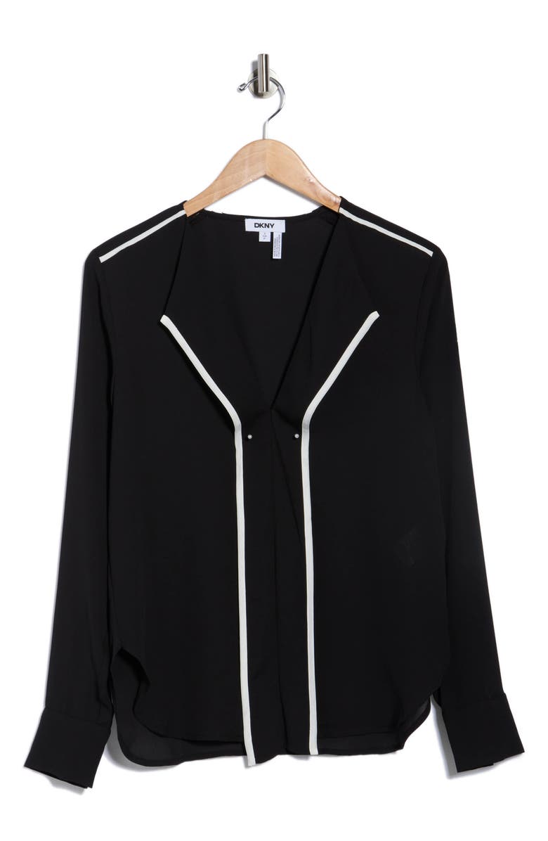 DKNY Long Sleeve Contrast Ruffle Top, Alternate, color, Black/ Linen White