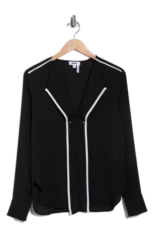 Dkny Long Sleeve Contrast Ruffle Top In Black