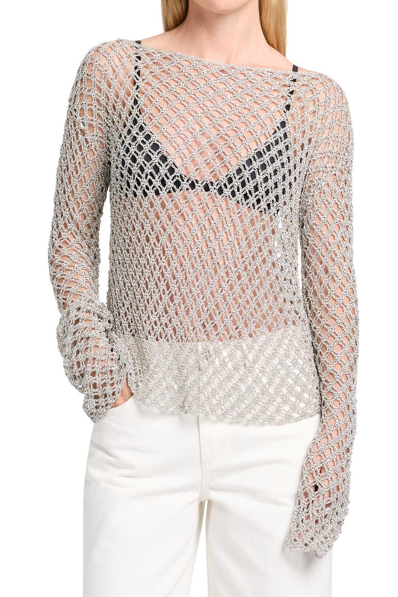 Open Knit Crochet Boat Neck Top, Main, color, PALE CHAMPAGNE